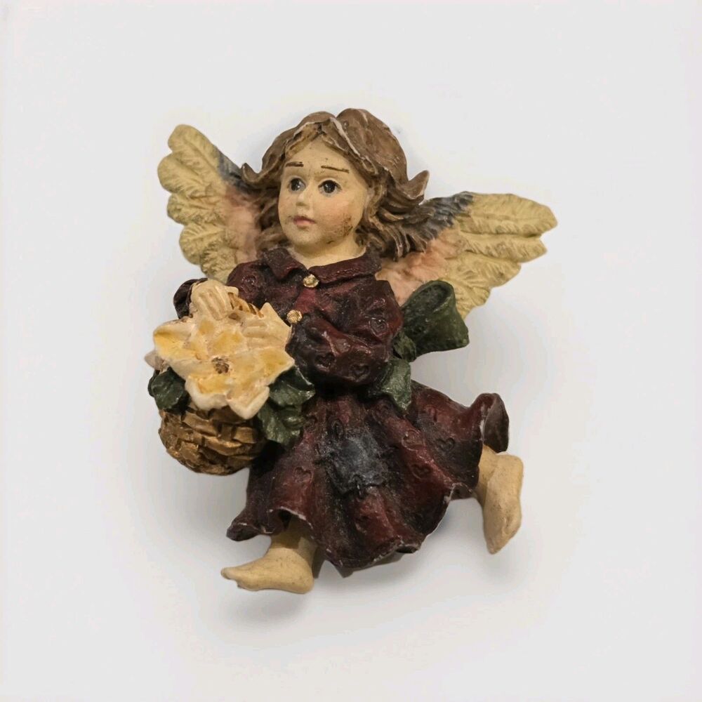 Vintage Angel Fairy Brooch Resin Flower Basket Pin Cottagecore Fantasy Jewelry F